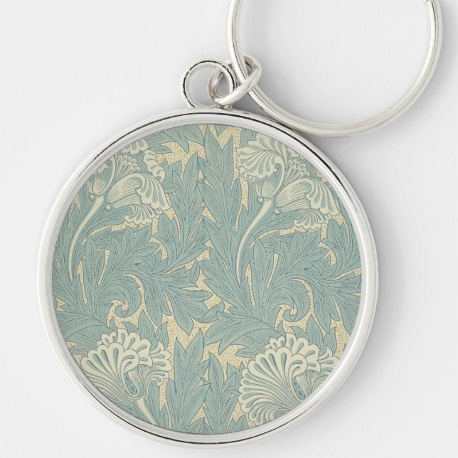 William Morris Classic Tulpan Blå Blommig Rund Silverfärgad Nyckelring (Framsidan)