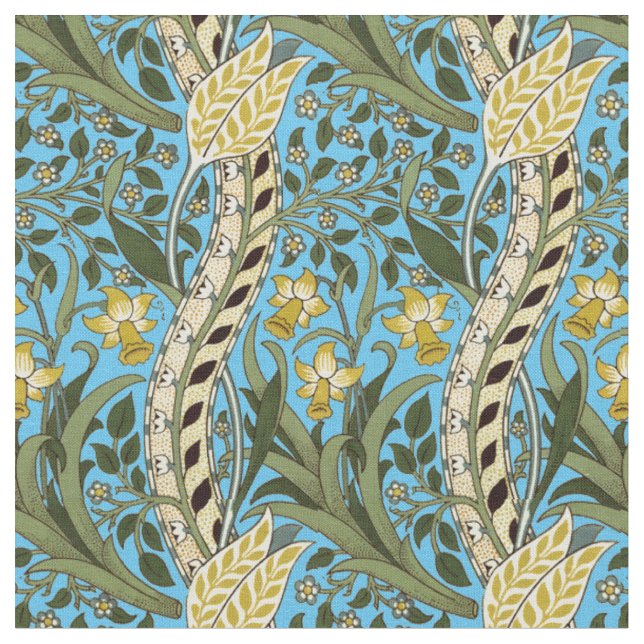 William Morris Daffodil Vintage Blue Mönster Tyg (Närbild)