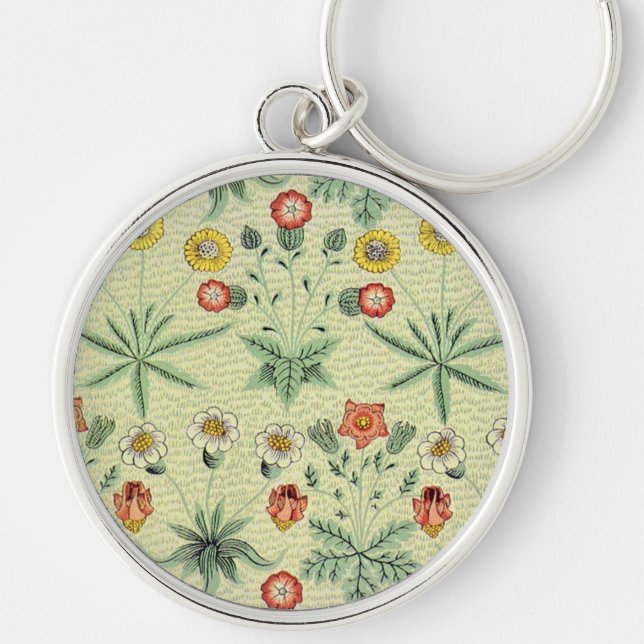 William Morris Daisy Blommigt Tapet Mönster Rund Silverfärgad Nyckelring (Framsidan)