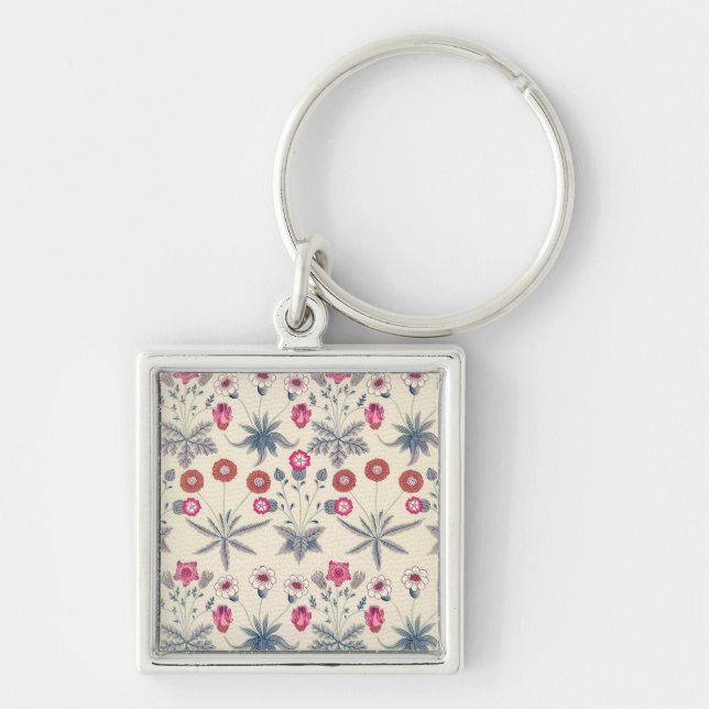 William Morris Daisy Blommönster Röd Orange Fyrkantig Silverfärgad Nyckelring (Framsidan)