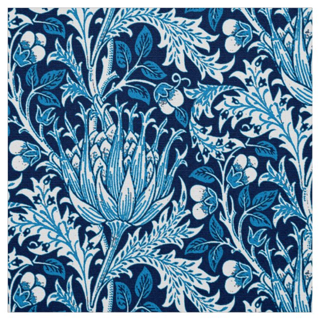 William Morris damast, marin & vit Tyg (Provkarta)