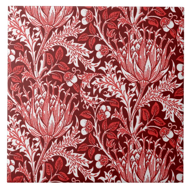 William Morris damast, röd mörk - & vit Kakelplatta (Framsidan)