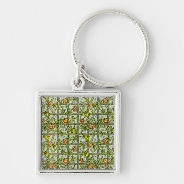 William Morris Design #5 Fyrkantig Silverfärgad Nyckelring (Framsidan)