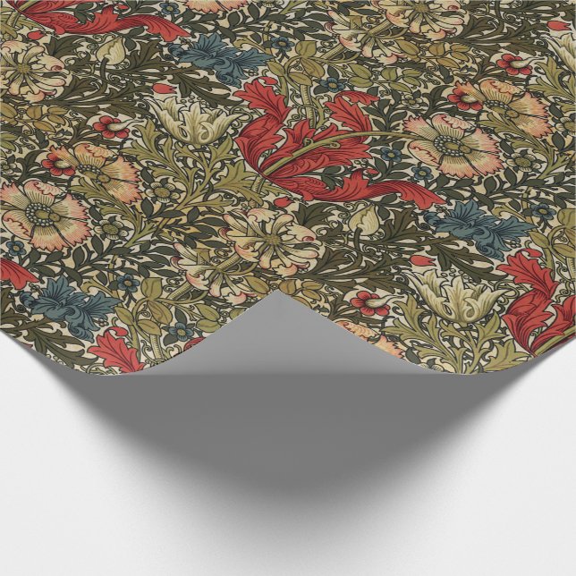 William Morris Elegant Blommönster Rött Grönt Presentpapper (Hörn)