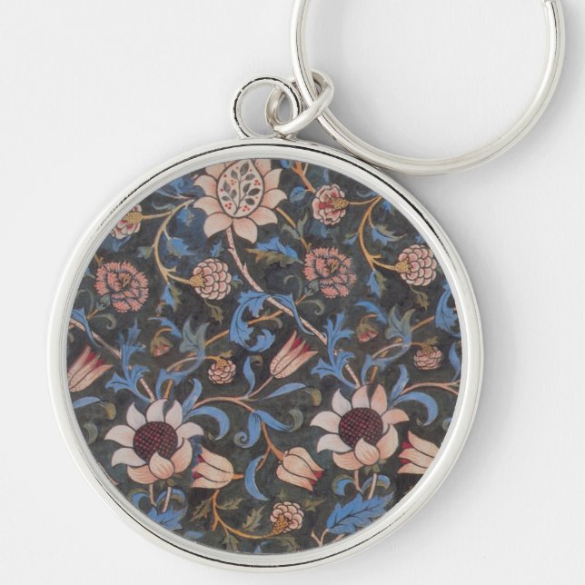 William Morris Evenlode Textile Blommigt Art Rund Silverfärgad Nyckelring (Framsidan)