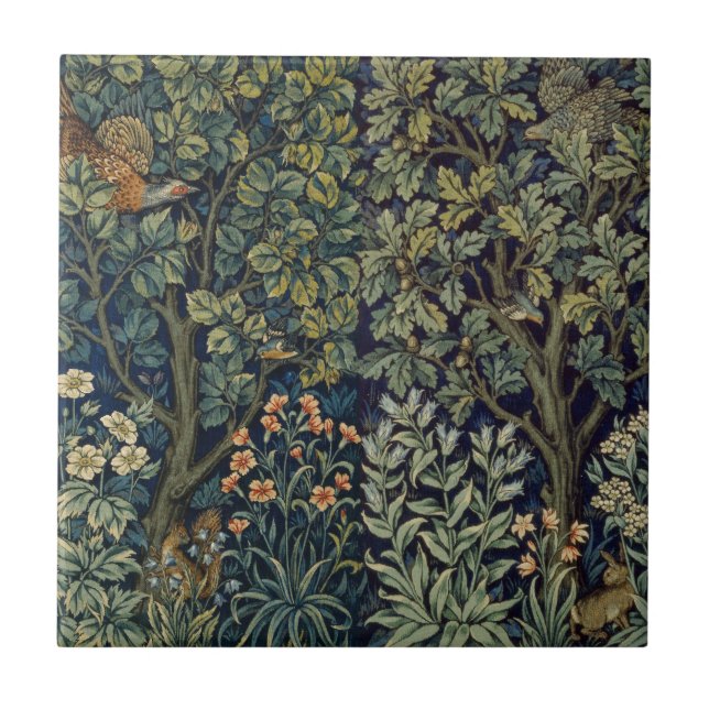 William Morris Fasan Fågel Träd Skogsmark Kakelplatta (Framsidan)