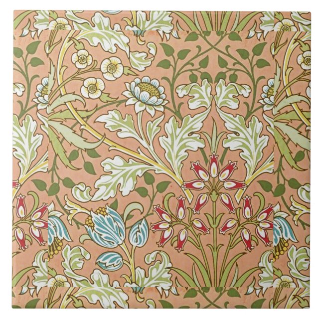 William Morris Floral Pattern Flowers Pink Blue    Kakelplatta (Framsidan)