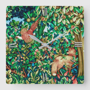 William Morris Fox och Pheasant Tapestry Print Fyrkantig Klocka