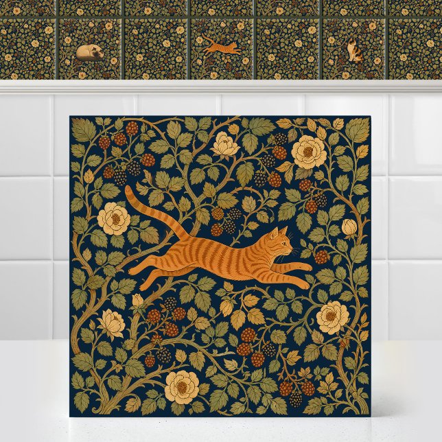 William Morris Ginger Tabby Katt Hoppar Baldakin Kakelplatta (Art Nouveau Antique Pattern William Morris Orange  Tabby Cat Leaping Canopy Ceramic Tile Mural)