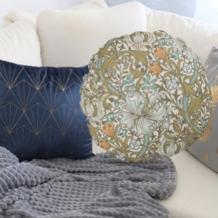 William Morris Golden Lily Blue Guld Classic Rund Kudde