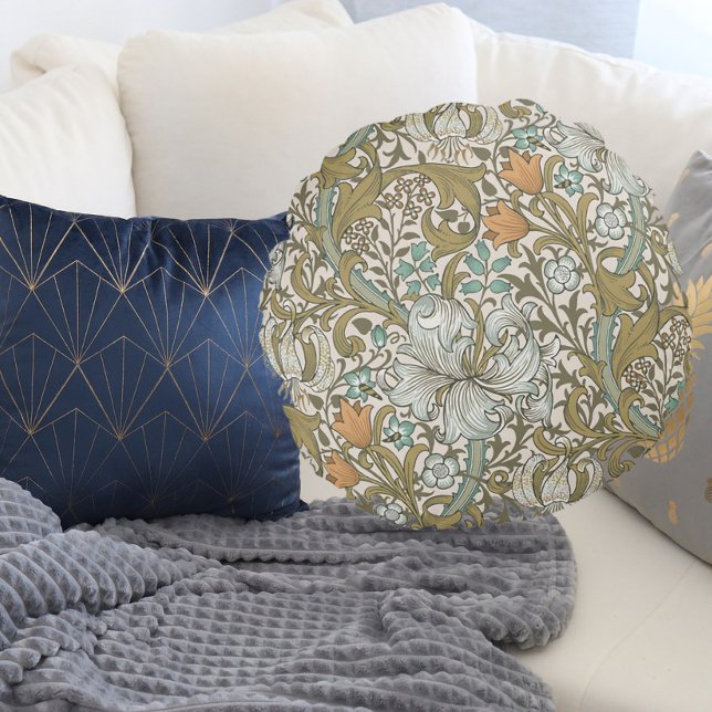 William Morris Golden Lily Blue Guld Classic Rund Kudde (Skapare uppladdad)
