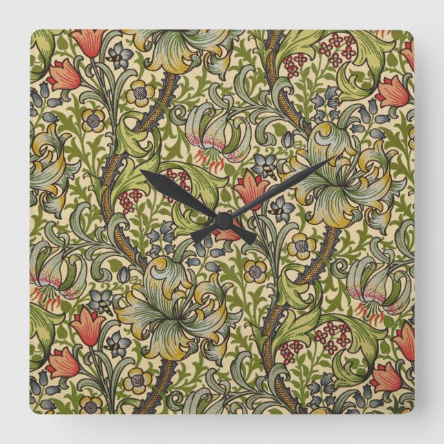 William Morris Golden Lily Fyrkantig Klocka (Framsida)
