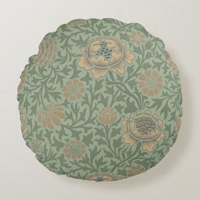 William Morris Grafton Blommönster Salvia Grön  Rund Kudde (Framsidan)