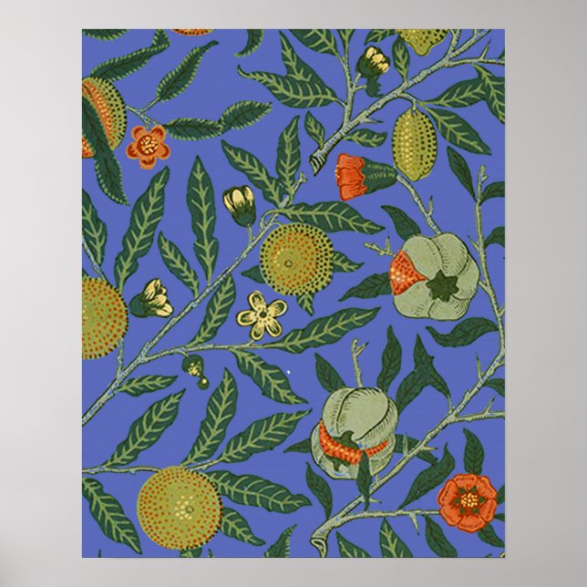 William Morris Granatäpple Blå Färgrik Tapet Poster (Framsidan)