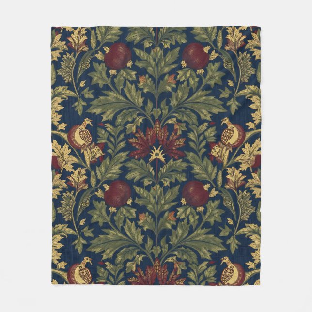 William Morris Granatäpple Blommönster Marinblått Fleecefilt (Framsidan)