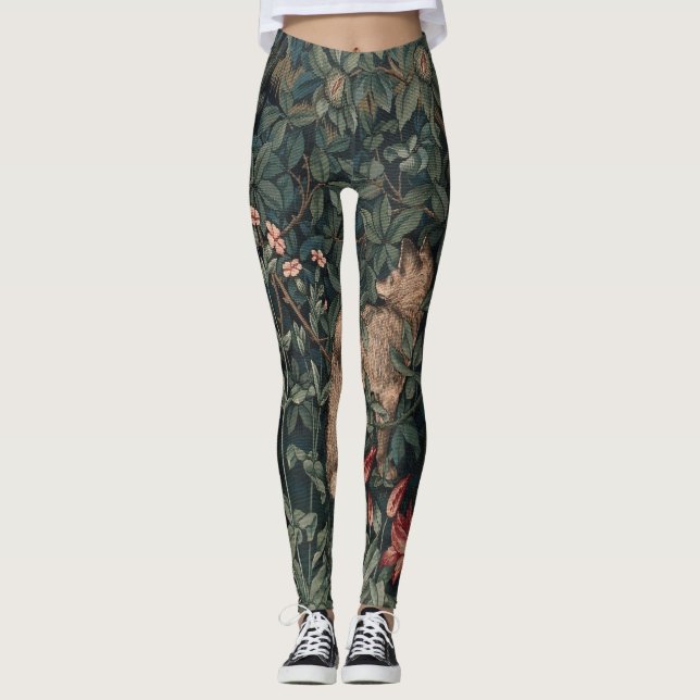 William Morris Greenery Fox Wildlife Art Leggings (Framsida)