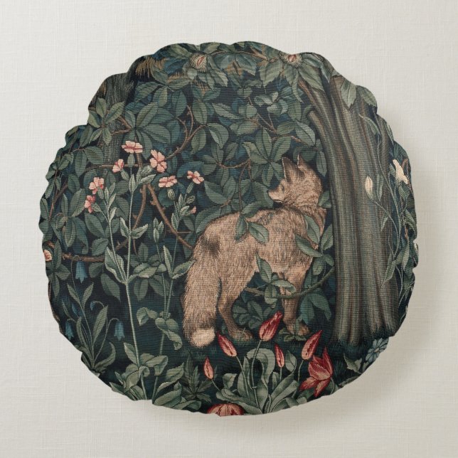 William Morris Greenery Fox Wildlife Art Rund Kudde (Framsidan)