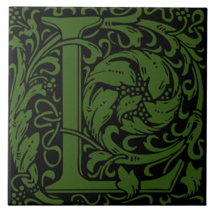 William Morris Grönt Monogram Bokstaven L Kakelplatta