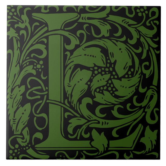 William Morris Grönt Monogram Bokstaven L Kakelplatta (Framsidan)