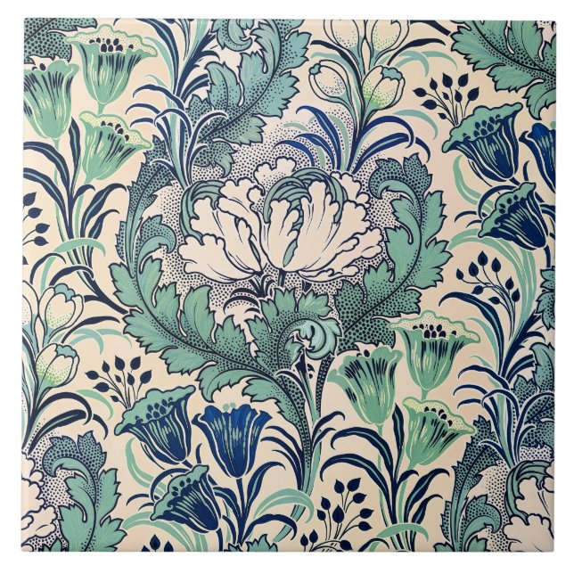 William Morris Grönt Teal Cream Blommönster Kakelplatta (Framsidan)