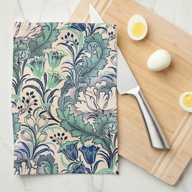 William Morris Grönt Teal Cream Blommönster Kökshandduk (Vikt i Fjärdedel)