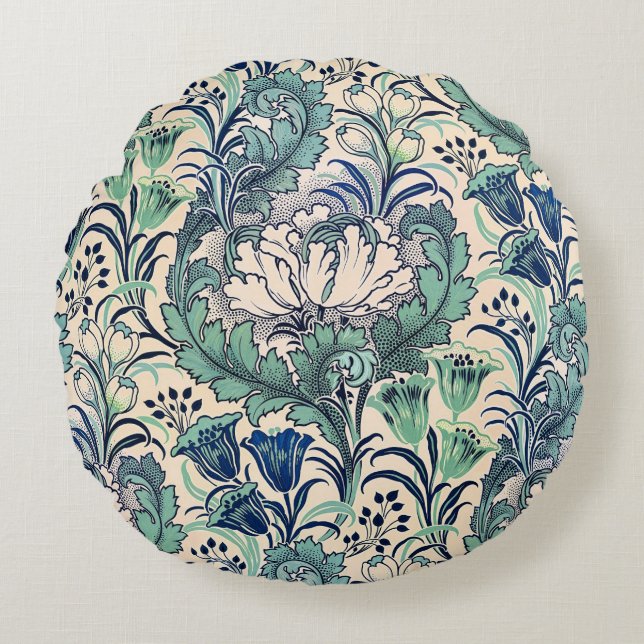 William Morris Grönt Teal Cream Blommönster Rund Kudde (Framsidan)