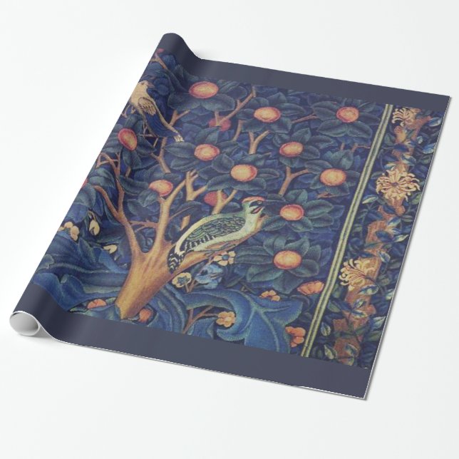 William Morris Hackspettväv blå design Presentpapper (Utrullad)