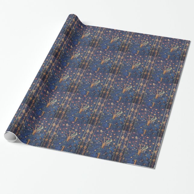 William Morris Hackspettväv blå design Presentpapper (Utrullad)