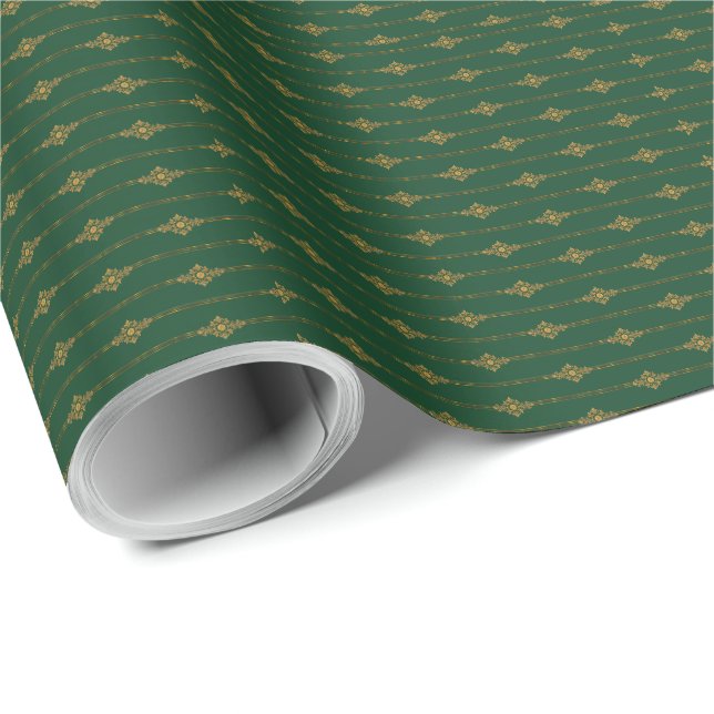 William Morris Holiday Green Gold anpassad randig Presentpapper (Rullad Hörn)