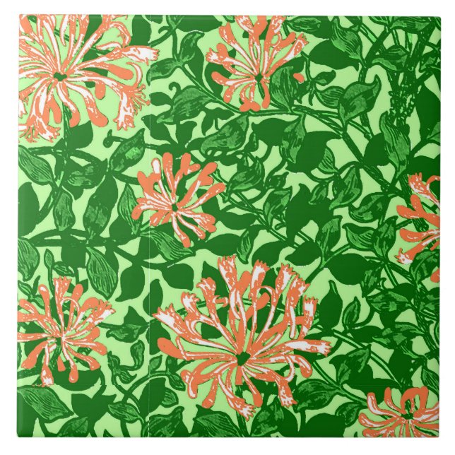 William Morris Honeysuckle, Peach och Grönt Kakelplatta (Framsidan)