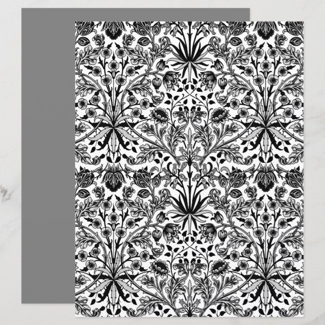 William Morris Hyacint Print, Black, White & Grått (Fram/baksida)