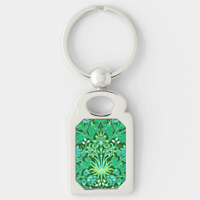 William Morris Hyacinth Print, Emerald Grönt Rektangulärt Silverfärgad Nyckelring (Framsidan)