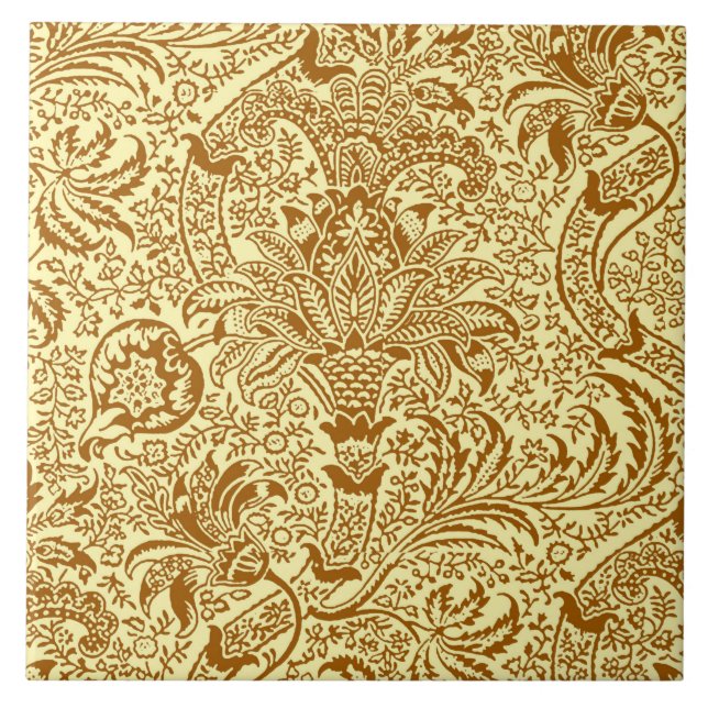 William Morris indier, senapsgult och guld- Kakelplatta (Framsidan)