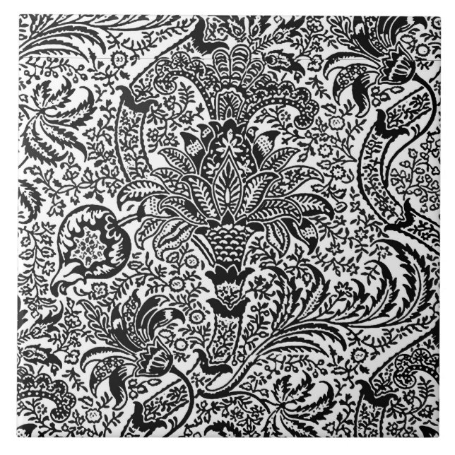 William Morris indier, vit och svart Kakelplatta (Framsidan)