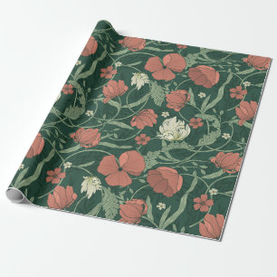 William Morris Inspired Grönt Red Botanical Blommi Presentpapper