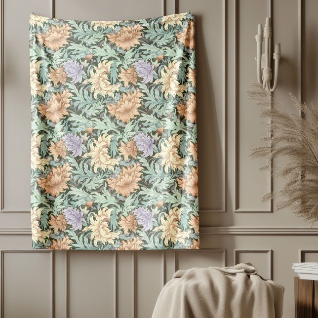 William Morris Inspired Pastel grönt Peach elfenbe Fleecefilt (William Morris Inspired pastel green peach ivory Fleece Blanket)
