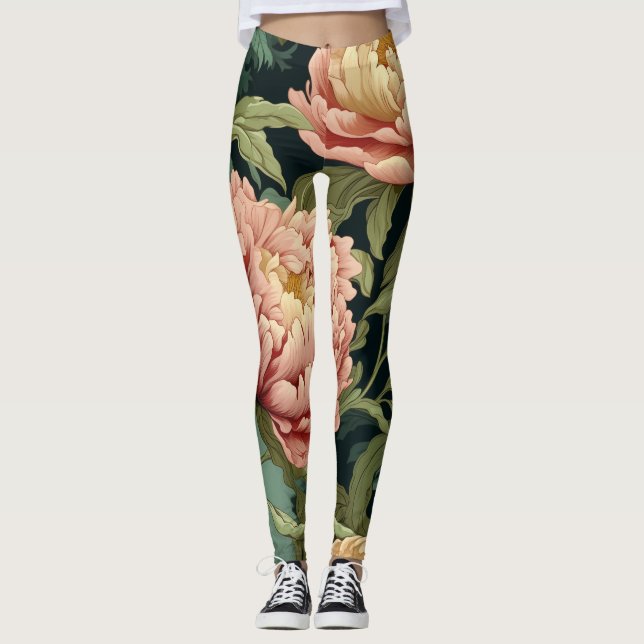 William Morris-Inspired Peony Blommigt Patterned Leggings (Framsida)