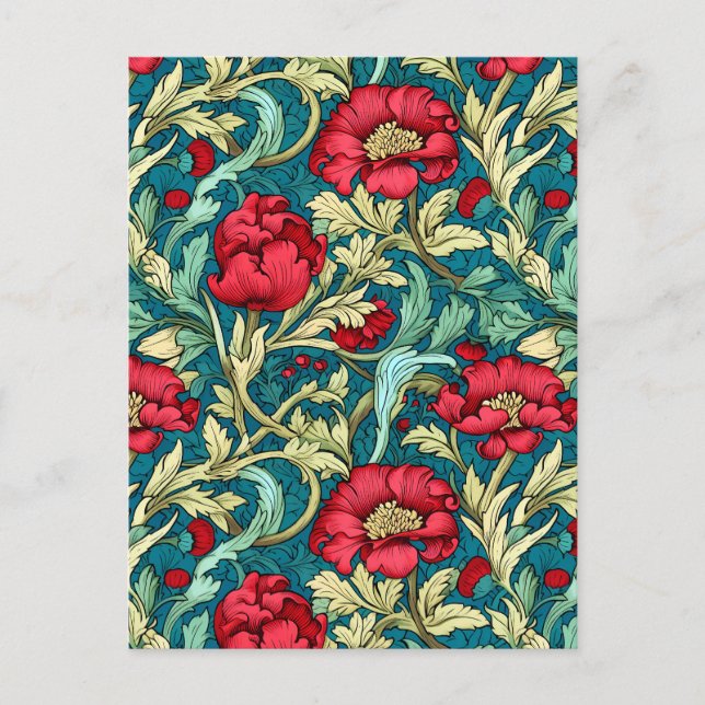 William Morris Inspired Red Flowers Mönster Helg Vykort (Framsida)