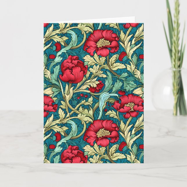 William Morris Inspired Red Flowers Mönster Kort (Framsida)