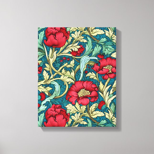 William Morris Inspired Red Flowers Pattern Canvastryck (Framsida)