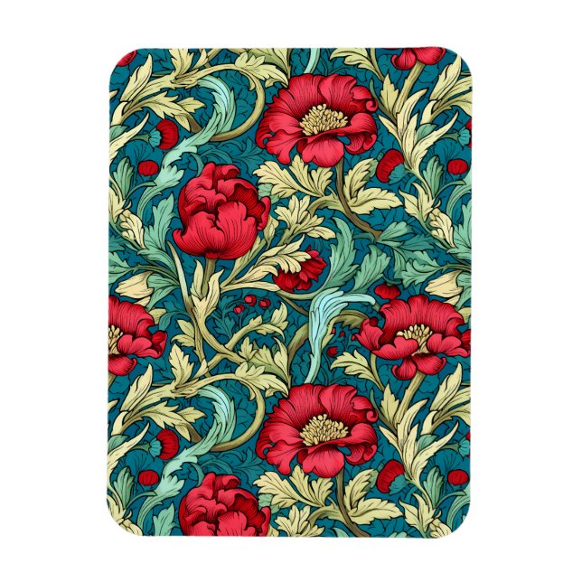 William Morris Inspired Red Flowers Pattern Magnet (Vertikal)