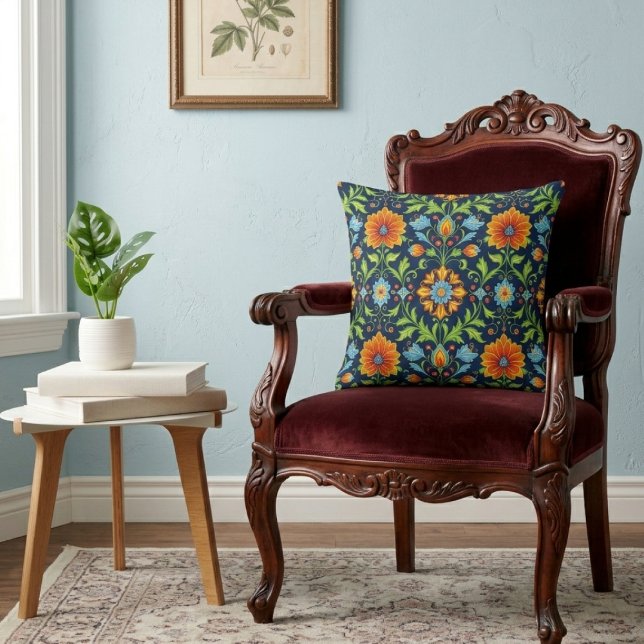 William Morris Inspirerad Mönster Orange Blå Blomm Kudde (William Morris Inspired Pattern Orange Blue Flower Throw Pillow by Ricaso, Vintage twist modern art)