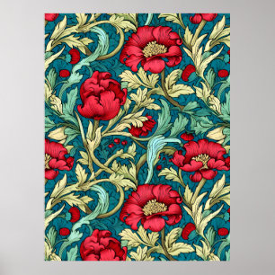 William Morris Inspirerad Röda Blommor Mönster Poster