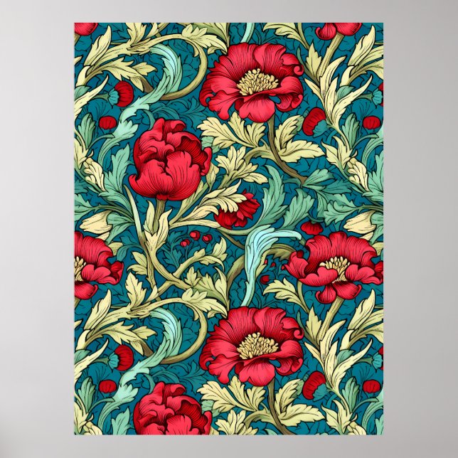 William Morris Inspirerad Röda Blommor Mönster Poster (Framsidan)