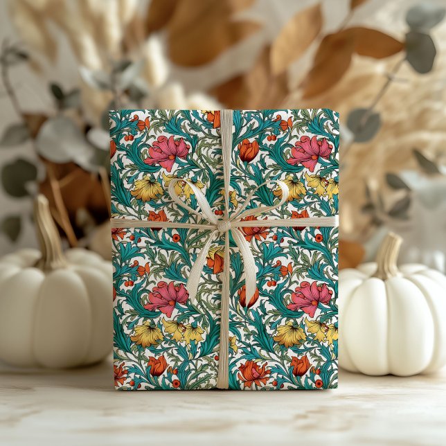 William Morris inspirerade blommigten för kopparro Presentpapper (William Morris inspired copper pink yellow floral Wrapping Paper)