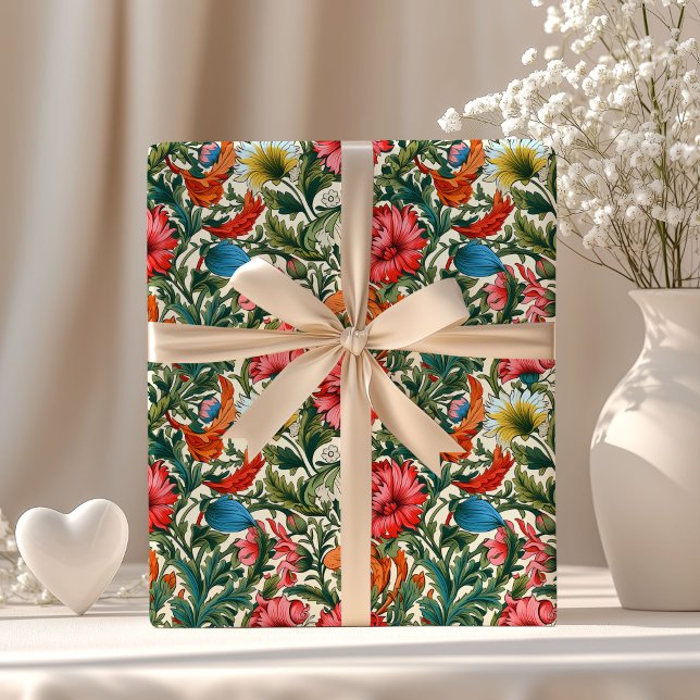 William Morris inspirerade färgstarka blommor Presentpapper (William Morris inspired colorful vibrant flowers Wrapping Paper)