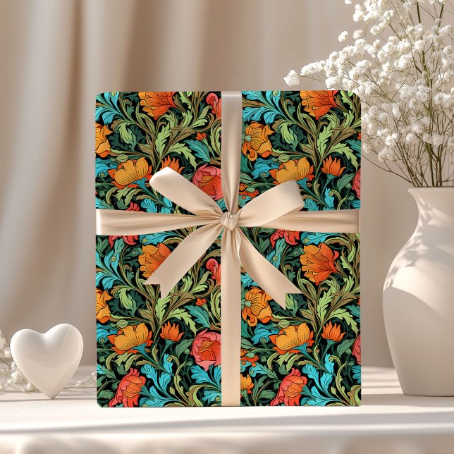 William Morris inspirerade levande färgstarka blom Presentpapper (William Morris inspired vibrant colorful flowers Wrapping Paper)