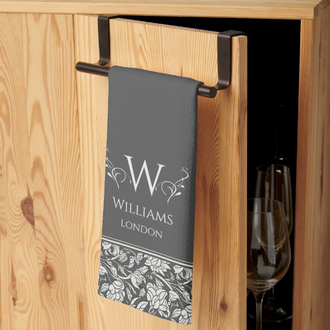 William Morris Inspo Charcol Grått Blommigt Anpass Kökshandduk (Thirds Fold)