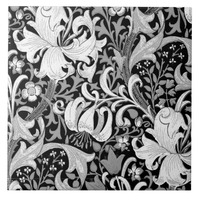 William Morris Iris och lilja som är svartvita Kakelplatta (Framsidan)