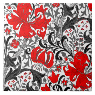 William Morris Iris och Lily, Black, White och Red Kakelplatta